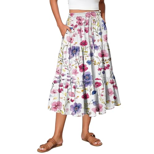 Rosa Midi Rock Damen Boho A Linie Faltenrock Knielang Sommerrock Leicht Und Luftig Röcke Mit Blumendruck Tellerrock Casual Hohe Taille Midirock Mit...