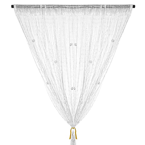 Image of String Curtain Panel, Glitter Door Wall Window Doorways Panel Fly Screen Fringe Room Divider Blinds, Decorative Tassel Ribbon Strip Silver Screen for Living room, Bedroom, Party Event-Bead-White