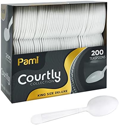 PAMI Heavy Weight Disposable Plastic Teaspoons [200-Pack] - Bulk King Size Deluxe White Plastic Silverware For Parties, Weddings, Catering Food Stands, Takeaway- Heavy-Duty Single-Use Partyware