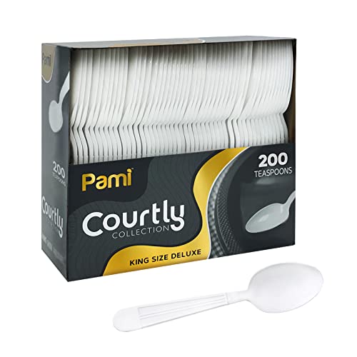 Pami Heavy Weight Disposable Plastic Teaspoons [200-Pack] - Bulk King Size Deluxe White Plastic Silverware For Parties, Weddings, Catering Food Stands, Takeaway- Heavy-Duty Single-Use Partyware #TOP5