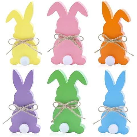 Easter Decorations for the Home, 6PCS Easter Bunny Peeps Wood Sign Tiered Tray Decor with Jute Rope, Easter Freestanding Centerpiece Table Decorations Farmhouse Decor for Easter Gifts Cover