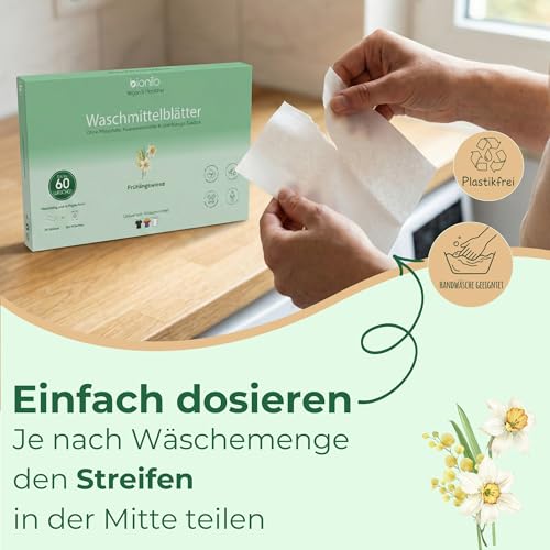 Bionilo Waschmittelblätter Frühlingswiese – 60 Waschgänge – Vegan Plastikfrei Biologisch Abbaubar – Nachhaltig Umweltfreundlich – Kompakt Reisegröße Waschmittel Blätter