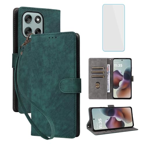 Étui cuir Motorola Moto G56 5G vert anti-piratage RFID avec vitre