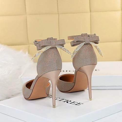 Womens Bow Tie High Heels Closed Pointed Toe Sparkly Pumps Sexy Stiletto Ankle Strap Heel Sandals Wedding Evening Dress Shoes for Women4