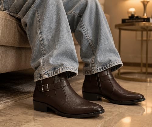 Image of Kraasa Men's Synthetic Leather Ankle Boots with Side Buckle Strap, Elastic Panel & Durable TPR Sole Casual & Formal Wear Boot