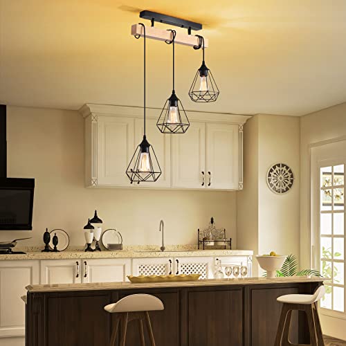 Aolala Farmhouse Chandelier Ceiling Light, Rustic Wood Pendant Light 3 Hanging Lamps Adjustable Kitchen Island Lighting, Black Hanging Light Fixtures For Kitchen, Dining Room, Living Room #TOP3