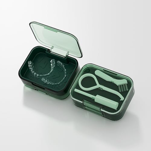 NINSI Denture Bath Case Kit, Retainer Cleaner Case Cup, Mouth Guard Soak Container, Aligner Cleaning Organizer, Double Layer Braces Box for Travel, with Brush, Removal Tool and Chew (Green)