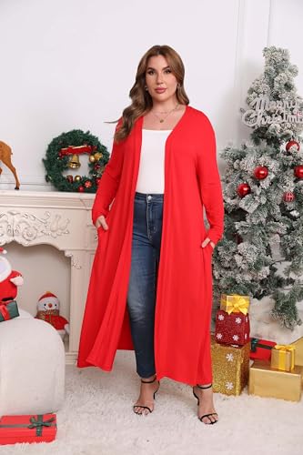 Image of Women Plus Size Floor Length Open Front Drape Cardigan Lightweight Long Sleeve Maxi Duster with Pockets 1X-5X