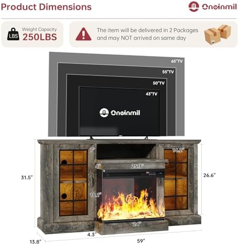 oneinmil 59" Fireplace TV Stand, 3 Sided Glass Media Entertainment Center Console Table for TVs up to 65" with Glass Door Adjustable Flame LED Color for Living Room, Set of TV Table, Grey — view 6