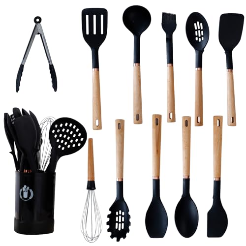 Jiufei Home 13-Piece Silicone Kitchen Utensils Set, Wooden Handle Nonstick Cooking Tools with Spatula Turner Tongs Ladle, Heat Resistant 450°F BPA-Free Dishwasher Safe Cookware Accessories (Black)