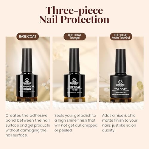 Beetles Gel Top Coat Base Coat Set, 3Pcs No Wipe Base Matte & Shiny Top Coat Gel Nail Polish, Long Lasting High Gloss and Matte Effects Soak off Uv Led DIY for Women