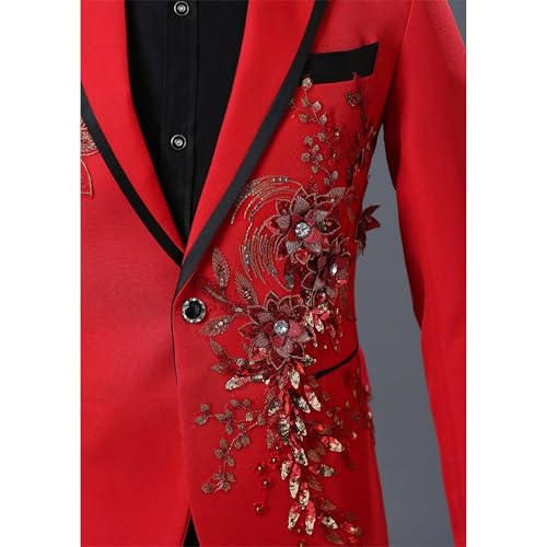Mens 2 Pieces Luxury Embroidered Suits Wedding Elegant Dress Suit 1 Button Print Dinner Blazer Jacket Pants (Red,X-Large)4