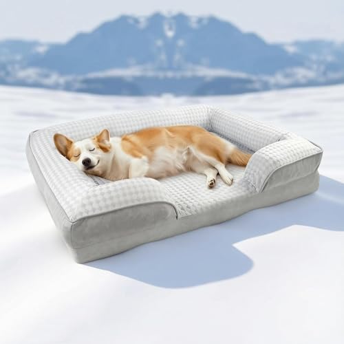 JEMAジェマ ペットクッション 犬ベッド ペットベッド ペットソファーベッド 夏用 ひんやり 冷感 冷感ベッド 暑さ対策 洗える ふわふわ 枕付き 犬寝床 防水 滑り止め 老犬介護 床ずれ 防止 通年使用 春夏 中型犬 大型犬 多頭飼い 91*68*19cm 菱形 グレーの商品画像（Amazon）