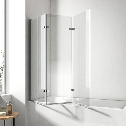 EMKE Duschwand für Badewanne 120x140 cm, Badewannenaufsatz 3-teilig Faltbar Badewanne Duschwand, Duschtrennwand für Badewanne Badewannenfaltwand 6 mm Sicherheitsglas Duschabtrennung Badewanne