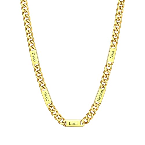 Custom4U Personalized Stainless Steel Cuban Link Chain for Men Women, 5mm/7mm/9mm Width Engraving 1-6 Names Cuban Chain Necklace, Steel/14K Gold Plated/Black Fathers Day Gift Hip Hop Jewelry