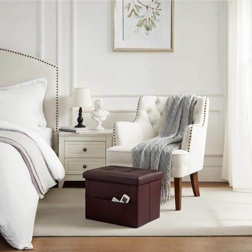 Image of Bsketa Storage Ottoman Bench, 16 inch Folding Leather Foot Rest, Brown 2 Pack | Small Ottoman with Side Pockets, Thicker Foam Padded Seat, Livingroom, Dorm, Bedroom, Easy to install, 38L, 16x12x12in