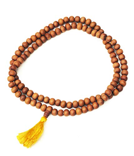 IndianStore4All Mala japonais en bois de santal 8 mm 108 + 1 perle gourou moine bouddhiste mala jaune pompon, Bois de santal