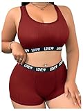 OBASDFD Set di Biancheria Intima da Donna Taglie Forti in 2 Pezzi con Stampa di Lettere, Reggiseno Sportivo E Pantaloncini da Culotte Coordinati, Intimo Borgogna 3X-Large Plus(Burgundy,4X-Large Plus)