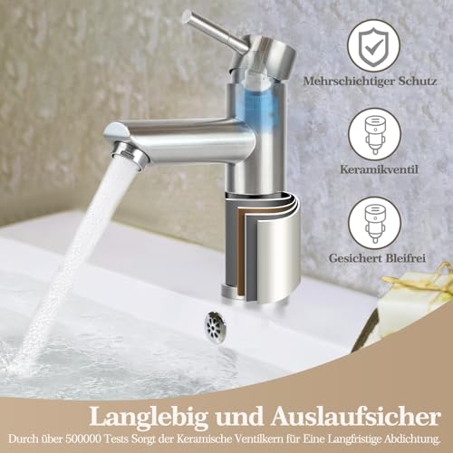 Laittiin Wasserhahn Badezimmer Waschtischarmatur Bad - Waschbeckenarmatur Mischbatterie Waschbecken Warm und Kaltwasserhahn Einhebelmischer Hochdruck Armatur Edelstahl Für Spülbecken Küche Spüle