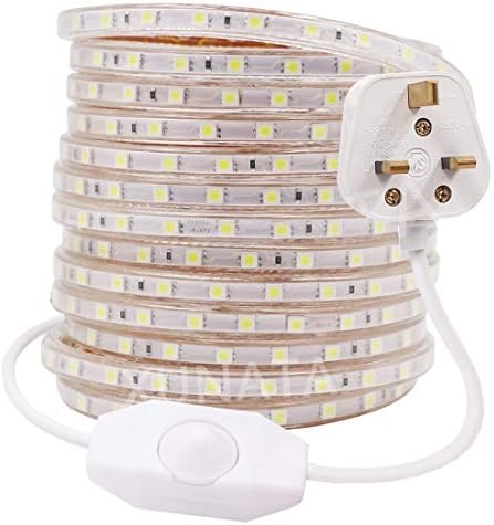 Xunata 10m Dimmable LED Strip Mains Powered, Warm White SMD 5050 60leds/m IP67 Waterproof Commercial Rope Light with UK Plug, DIY Indoor Outside Decor Ribbon Lighting