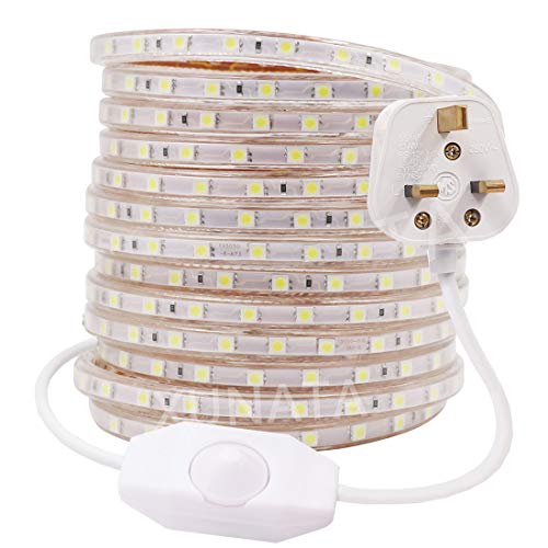 XUNATA Dimmable LED Strip Lights Mains Powered, IP65 Waterproof, SMD 5050 60leds/m Commercial Rope Light with UK Plug, DIY Home Kitchen Bar Outside Indoor Christmas Decoration (White, 15m)