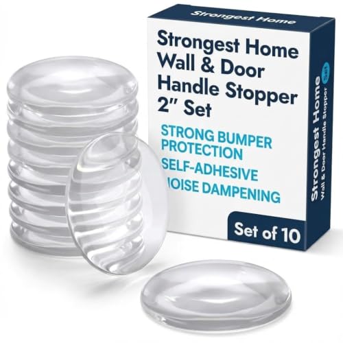 Image of STRONGEST HOME Door Stoppers (Medium) 2 inch - Door Stop for Wall with Strong Back Adhesive - Quiet and Shock Absorbent Silicone Wall Protectors from Door Knobs - Protects Every Surface - (Clear | 10 PCS)