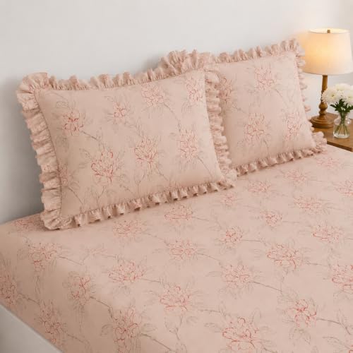 Image of 380 TC Premium Glace Cotton Elastic Fitted Bedsheet King Size with 2 Pillow Covers King Size | Double Bed with All Around Elastic (Petal Pulse, Fitted Queen-60x78)