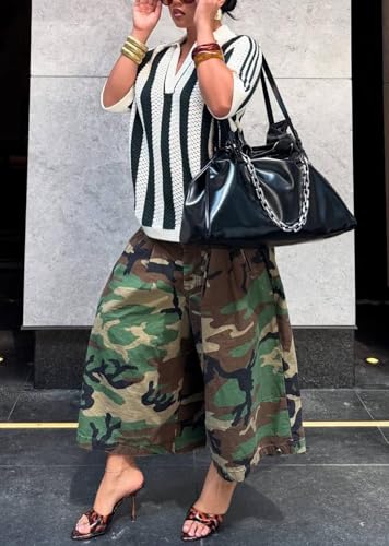 Image of Women's Barrel Camo Pants High Waisted Wide Leg Peated Palazzo Camouflage Capris Baggy Y2k Army Fatigue Trousers
