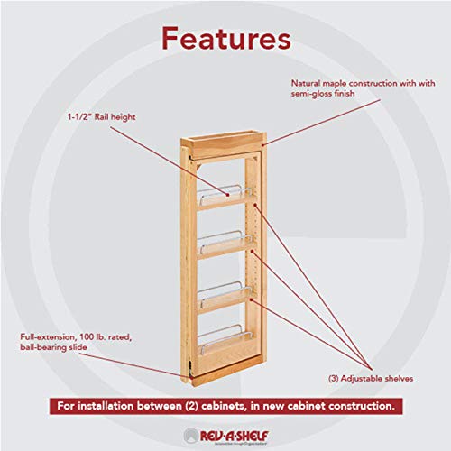 Rev-A-Shelf 432-Wf-3C Wooden Adjustable Pull-Out Between Cabinet Wall Filler Home Kitchen Storage Organizer Unit, Natural Maple #TOP1