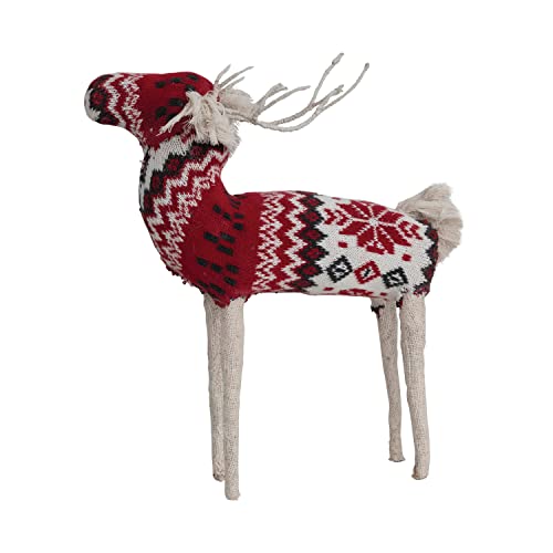 Creative Co-Op Cotton Knit and Wire Reindeer with Faire Isle Pattern, Red, Cream, and Black