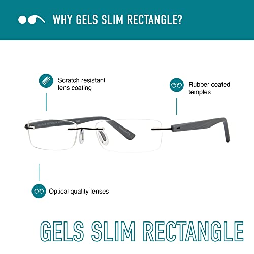 Scojo New York Gels Slim Rectangle Reading Glasses, Handmade Scratch Resistant Readers for Women and Men, Grey Rubber Coated - 2.25x