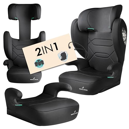 WALSER Seggiolino auto Premium Numa, rialzo bambino 2in1 confortevole schienale rimovibile + poggiatesta regolabile 3-8 anni 100-150 cm ultima normativa ECE R 129, rialzo auto nero