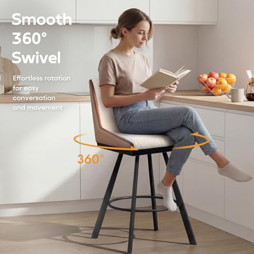 Ollega Bar Stools Set of 4, 26" Counter Height Bar Stools, Upholstered Swivel Barstools with Backs, Loop Yarn Fabric&Pu Leather, Metal Legs for Kitchen Island, Beige&Brown — view 6