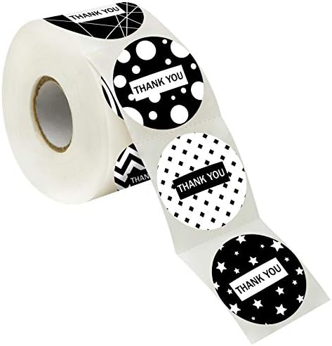 500 PCS Black and White Thank You Stickers Round in 8 Designs with Perforation Line for Personal and Business Use (1.5" in Diameter)