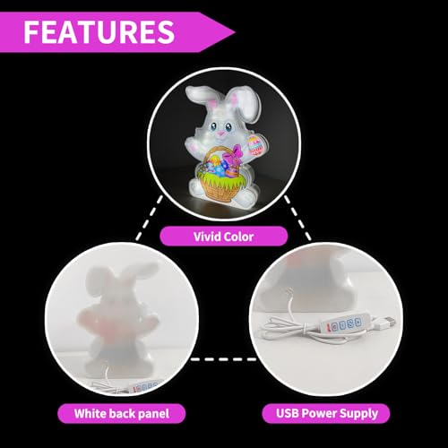 Image of Allenjoy Spring Easter Bunny Rabbit Basket Eggs Night Light Up Box for Kids Gifts USB Powered Lamp Lightbox Bedroom Room Wall Art Table Desk Decorations Decor Sign
