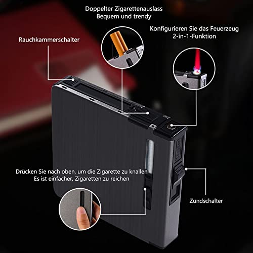 CAM2 Zigarettenetui mit Feuerzeug, Auto-Auswurf, unterbringen 20 Zigaretten, Elegante Entwurf Zigarettenbox Mit Elektronisches Feuerzeug Aufladbar (Schwarzes Drahtzeichnen)