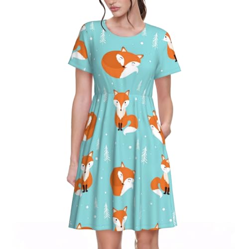 Robe d'été motif renard mignon avec coupe droite ultra confort
