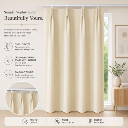 Image of KALIYO Off White Blackout Pinch Pleat Curtains for Living Room & Bedroom | Room Darkening Curtains | Pinch Pleat Header| Noise Reducing | 5 FT | Pack of 1