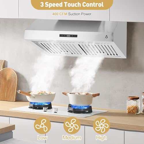 30 Inch Stainless Steel Range Hood, 400 CFM Wall Mount Range Hood with Touch Control, 3-Speed Exhaust Fan & LED Light, Ducted/Ductless Convertible with Adjustable Chimney, Silver
