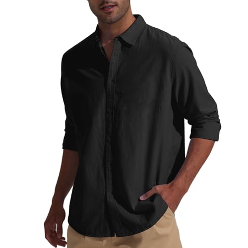 Friptspyg Leinenhemd Herren Hemd Langarm Baumwolle Leinen Hemden Button-Down Freizeithemden Casual Regular Fit Sommerhemd, Schwarz XL 5