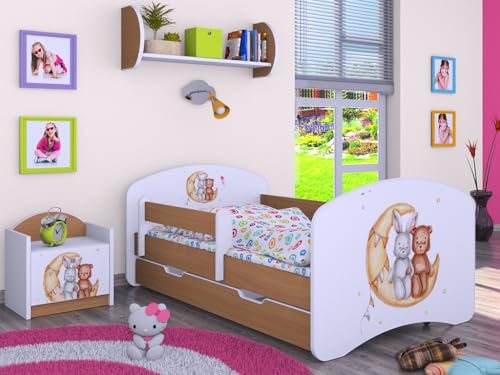 Happy Babies Kinderbett - mit Rausfallschutz Junge 140x70 Bett für Kinderzimmer mit Schublade & Matratze Einzelbett für Kinder Weiß/Rosa Hase Teddybär (Buche)