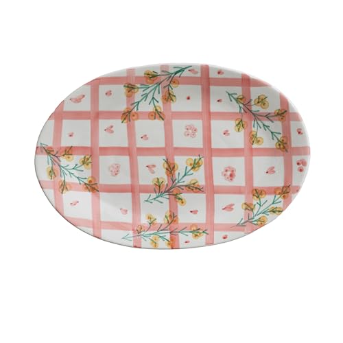 Creative Co-Op Stoneware Oval Platter with Grid Pattern and Botanicals, Multicolor by Creative Co-Op - Used condition - US$69.60