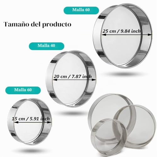 Miniatura 2 de Aieraczy 15 20 25cm Tamices De Harina De Acero Inoxidable, 3 Piezas 40 60 Mesh Colador De Harina, Tamizador De Harina Manual, Tamiz De Cocina De Malla Fina, Para Harina De Trigo Y Arroz