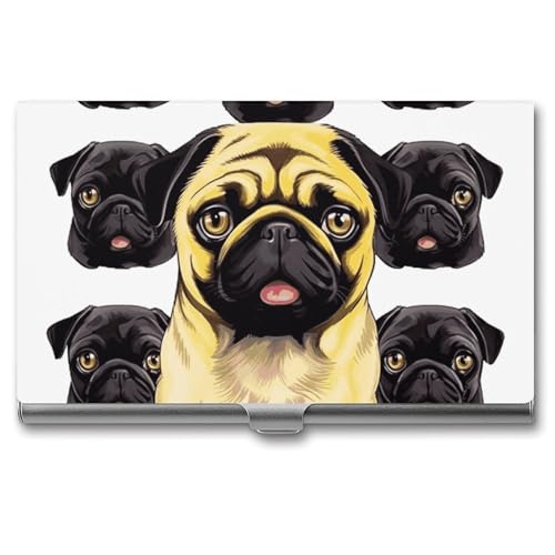 Slim Metal Business Card Holder - Black Yellow Pug Aluminum Alloy Card Case with Buckle Closure, Holds 20 Cards & Cash, Professional Credit Card Size ID Holder for Men Women Gift