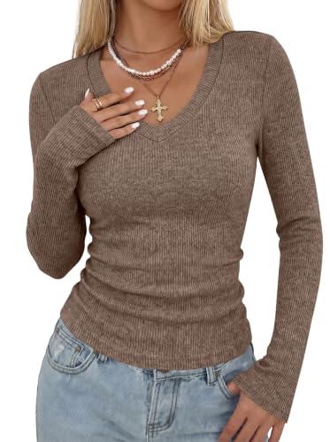 ANRABESS Long Sleeve V Neck Ribbed Shirts for Women,Brown,M
