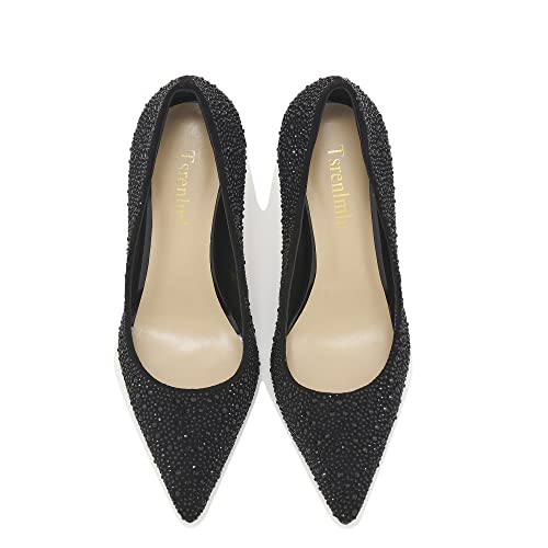 Tsrenlmln Women's Wedding Pumps Sparkly Rhinestone High Heels For Women Fashion Pointed Toe Stiletto Pumps Black 7.5 In #TOP1