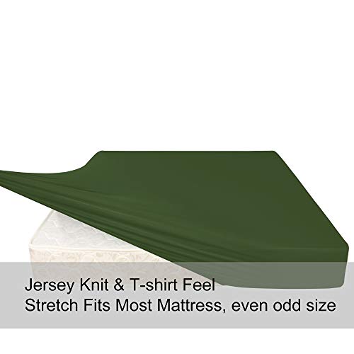 Image of Soft Stretch Queen Fitted Sheet Only - Jersey Knit & Cozy T-Shirt Like, 4-Way Stretchy Snug Fit & Wrinkle Free, No More Slipping Mattress Sheets - Dark Olive Green, Queen