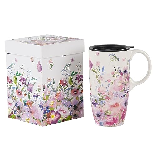 DUSVALLY Ceramic Mug Large Coffee Mug Tall Cups Porcelain Latte Tea Cup with Lid and Gift Box 17oz,Pink Flower