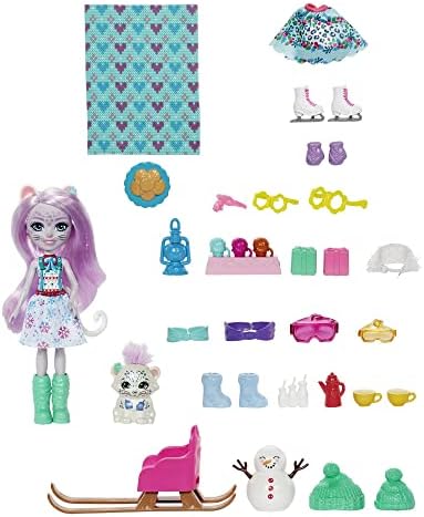 Enchantimals Świąteczne odliczanie Kalendarz adwentowy z lalką Sybill Snow Leopard (15 cm), figurką zwierzątka i 24 akcesoriami, prezent dla dzieci od 4 roku życia, HHC21