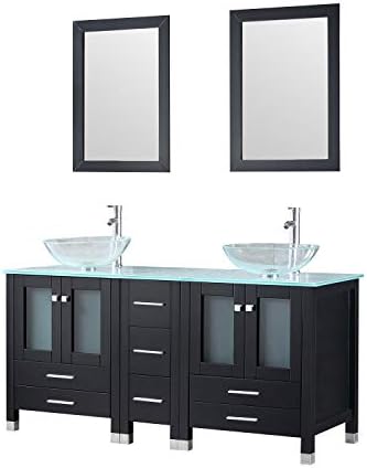 Walcut 60 Inch Black Bathroom Vanity with Sink Combo Double Vanity Modern Cabinet Double Glass Vessel Sink and Faucet Combo (Clear 3)